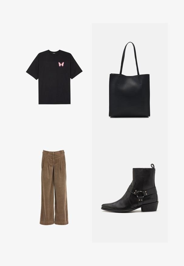 Schwarzes Baumwoll-T-Shirt mit kurzen Ärmeln, das ein kleines pinkes Schmetterlingsmotiv auf der linken Brust zeigt. Crewneck-Design mit einem entspannten Schnitt.; Braune Corduroy-Hosen mit weitem Bein, vorderen Falten, Knopfverschluss und strukturiertem Stoff. Mit hohem Bund und geraden Beinen.; Schwarze Leder-Stiefeletten mit spitzer Zehenform, seitlichem Riemen mit runder Hardware-Akzentuierung und niedrigem Blockabsatz. Glatte Textur.; Schwarze Laptoptasche aus Leder mit glatter Textur, rechteckiger Form und zwei langen Griffen. Keine sichtbaren Beschläge oder Verzierungen.
