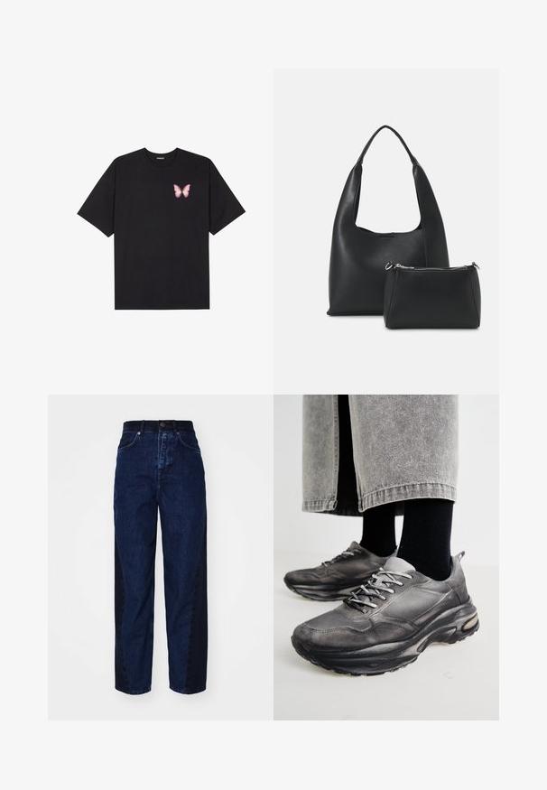 T-shirt de algodão preto com mangas curtas, apresentando um pequeno gráfico de borboleta rosa no lado esquerdo do peito. Design de gola redonda com um corte solto.; Jeans de ganga azul escura com um corte relaxado, apresentando um painel lateral mais escuro em contraste, cinco bolsos e um fecho de botão.; Sapatilhas atléticas pretas e cinzentas apresentam um upper em malha, solas espessas e atacadores. Têm um bico arredondado e detalhes de amortecimento visíveis.; Even&Odd Mala de mão - black