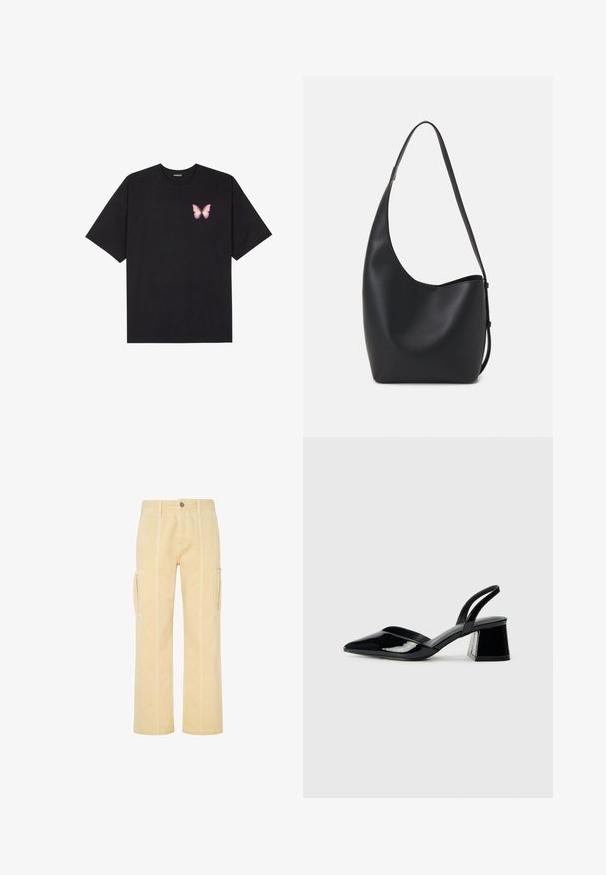 Zwarte katoenen t-shirt met korte mouwen, voorzien van een kleine roze vlinder graphic op de linkerkant van de borst. Crew neck ontwerp met een relaxte fit.; Lichtgele cargobroek met een recht model, voorzien van zijzakken en contrasterende stiksels langs de naden. Duurzaam katoenmateriaal.; Zwarte gepatineerde leren slingback hakken met een spitse neus en een geometrische blokhak. Kenmerkt zich door een slank, minimalistisch ontwerp en een gladde textuur.; Zwarte leren hobo tas met een gladde textuur, kromme vorm en een enkele verstelbare schouderband; heeft een brede opening aan de bovenkant.