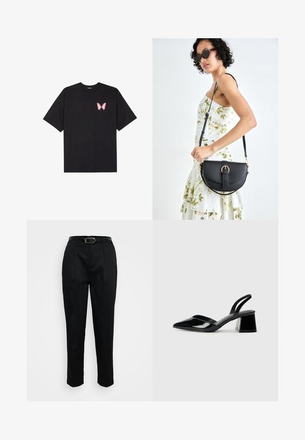 Crna pamučna majica s kratkim rukavima, s malim grafičkim prikazom ružičaste vjetricaste s desne strane na prsima. Dizajn s okruglim izrezom i opuštenim krojem.; Crne hlače krojenog kroja, s remenom sa zlatnom kopčom, nabranim detaljima sprijeda i glatkom teksturom tkanine.; Crne lakirane kožne sandale s otvorenom petom i špicastim vrhom, s geometrijskom blok petom. Imaju elegantan, minimalistički dizajn i glatku teksturu.; Crna kožna torba s lukovitim oblikom, odvojivim remenom i zlatnim detaljima. Torba ima preklop s kopčom.