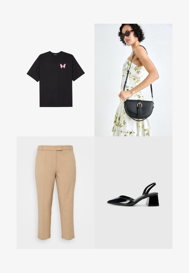 Camiseta de algodón negra de manga corta, con un pequeño gráfico de mariposa rosa en el lado izquierdo del pecho. Diseño de cuello redondo con un corte relajado.; Pantalones beige a medida con corte recto, cinturilla de altura media y bolsillos laterales. Textura suave con pliegues marcados y largo hasta el tobillo con dobladillo.; Zapatos de tacón slingback de charol negro con punta afilada y tacón geométrico en bloque. Presentan un diseño elegante y minimalista, así como una textura suave.; Bolso de piel negra con forma curva, correa desmontable y herrajes dorados. El bolso cuenta con una solapa con un detalle de hebilla.