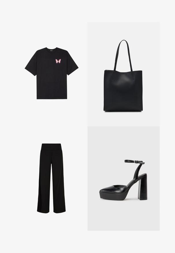 Čierne bavlnené tričko s krátkymi rukávmi, s malým ružovým motýlikom na ľavej hrudi. Design s okrúhlym výstrihom a uvoľneným strihom.; Čierne široké nohavice s mäkkým, elastickým pásom. Hladká tkanina, dĺžka po členky, žiadne viditeľné zapínanie ani vzory.; Čierne platformové podpätky so špicatou špičkou a nastaviteľným členkovým remienkom. Vyrobené z hladkej kože a so robustným blokovým podpätkom.; Čierna kožená taška na rameno s hladkým povrchom, obdĺžnikovým tvarom a dvoma dlhými uchami. Bez viditeľného kovania alebo ozdôb.
