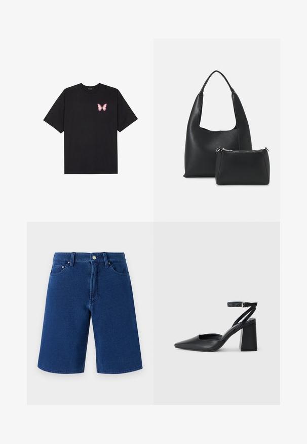 Crna pamučna majica s kratkim rukavima, s malim grafičkim prikazom ružičaste vjetricaste s desne strane na prsima. Dizajn s okruglim izrezom i opuštenim krojem.; Plave traper kratke hlače ravnog kroja, s dizajnom od pet džepova i vidljivim pojasom s metalnim gumbom i petljama za remen.; Crne kožne cipele s špicastim vrhom, remenom oko gležnja i debelim potplatom. Ravna tekstura, elegantan dizajn i minimalistička estetika.; Even&Odd Ručna torba - black