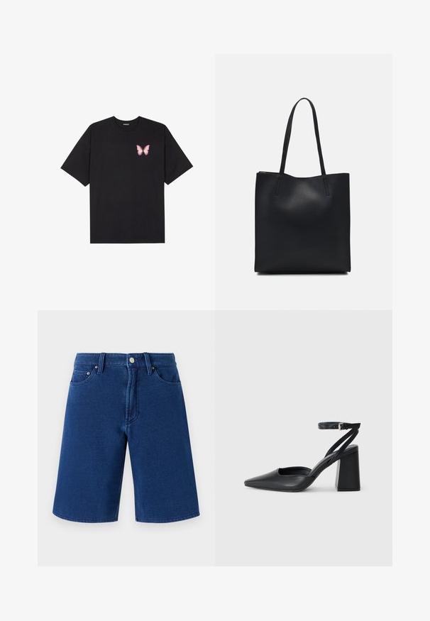 Čierne bavlnené tričko s krátkymi rukávmi, s malým ružovým motýlikom na ľavej hrudi. Design s okrúhlym výstrihom a uvoľneným strihom.; Modré denimové šortky so strihať do rovného strihu, päť vreciek, viditeľným pásom s kovovým gombíkom a pútkami na opasok.; Čierne kožené lodičky s špicatou špičkou a členkovým remienkom, s masívnym podpätkom. Hladký povrch, elegantný dizajn a minimalistická estetika.; Čierna kožená taška na rameno s hladkým povrchom, obdĺžnikovým tvarom a dvoma dlhými uchami. Bez viditeľného kovania alebo ozdôb.