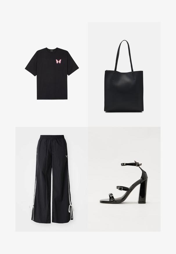 Black cotton t-shirt with short sleeves, featuring a small pink butterfly graphic on the left chest. Crew neck design with a relaxed fit.; Black wide-leg pants made of lightweight fabric, featuring a drawstring closure, white side stripes, and ties at the hem.; Black patent high-heeled sandals with two buckle straps, square toe, and a chunky block heel, featuring a smooth, glossy texture.; Black leather tote bag with smooth texture, rectangular shape, and two long handles. No visible hardware or embellishments.