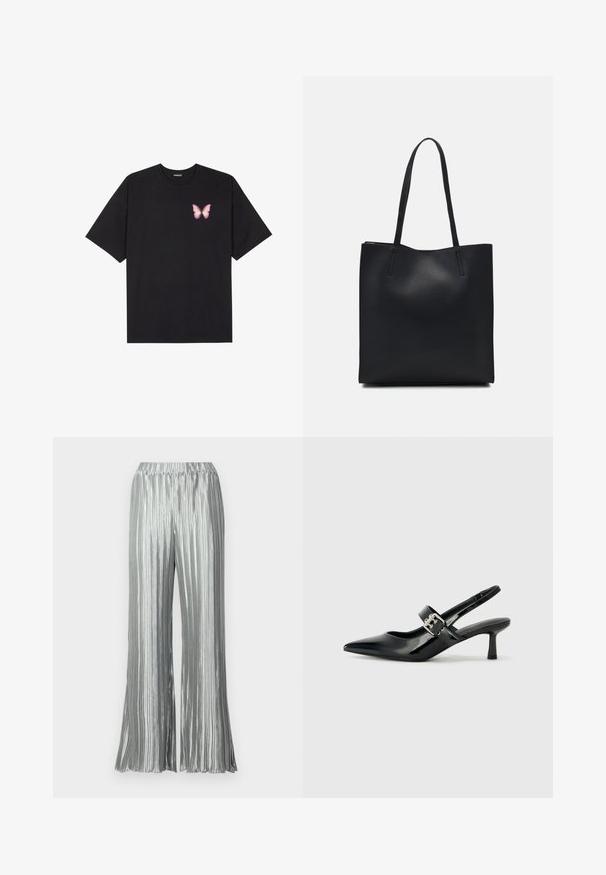 T-shirt de algodão preto com mangas curtas, apresentando um pequeno gráfico de borboleta rosa no lado esquerdo do peito. Design de gola redonda com um corte solto.; Calças largas plissadas prata metálico com um cós elástico e um design fluido, apresentando textura ribbed vertical em todo o tecido.; Saltos slingback em verniz preto com bico pontiagudo e um pequeno salto bloco, apresentando um detalhe de fivela prateada na tira.; Bolsa tote preta em couro com textura lisa, forma retangular e duas alças longas. Sem hardware ou enfeites visíveis.