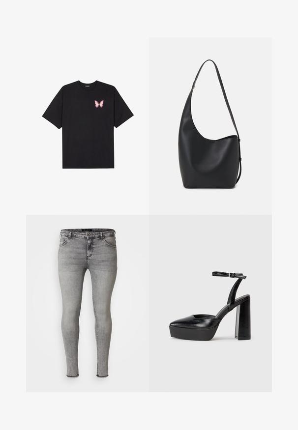 Black cotton t-shirt with short sleeves, featuring a small pink butterfly graphic on the left chest. Crew neck design with a relaxed fit.; Gray denim skinny jeans with a frayed hem, featuring a five-pocket design and a front zipper with a button closure.; Black platform heels with a pointed toe and adjustable ankle strap. Constructed from smooth leather, featuring a chunky block heel.; Black leather hobo bag with a smooth texture, curved shape, and single adjustable strap; features a wide opening at the top.