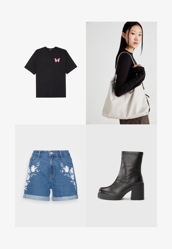 Melna kokvilnas T-krekls ar īsām piedurknēm, kuram priekšā kreisajā pusē ir neliels rozā tauriņa grafiskais attēls. Ar apaļu kaklu un brīvā stila piegriezumu.; Džinsu šorti ar vidēji zilu tonējumu, sarullētām apakšmalām un baltām ziedu izšuvumi priekšējā pusē. Klasisks piecu kabatu dizains.; Melna ādas zābaks līdz potītei ar masīlu blokveida papēdi un platformas zoli uz vienkrāsaina baltā fona.; Bežs rokassoma, izgatavota no mīksta materiāla, ar brīvu dizainu, izšūtu apdari un divām plecu siksnām. Piemērota ikdienas lietošanai.