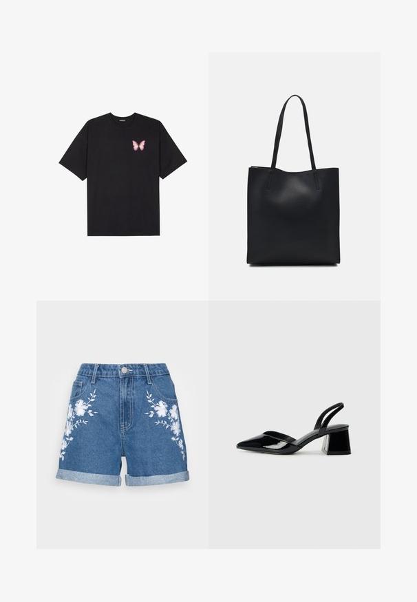 T-shirt de algodão preto com mangas curtas, apresentando um pequeno gráfico de borboleta rosa no lado esquerdo do peito. Design de gola redonda com um corte solto.; Shorts de ganga com um tom azul médio, bainhas enroladas e bordados florais brancos nos lados frontais. Design clássico de cinco bolsos.; Sandy em verniz preto com salto slingback, ponta afilada e salto geométrico. Apresenta um design elegante e minimalista com textura suave.; Bolsa tote preta em couro com textura lisa, forma retangular e duas alças longas. Sem hardware ou enfeites visíveis.