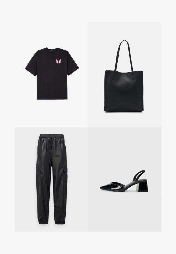 Must muströöpidega must puuvillane T-särk, vasakul rinnal on väike roosa liblikas. Ümar kaelus ja vabalt istuv lõige.; Musthave musträäk kangaalaste püksid mustas faux nahast, elastse vöökoha, elastsete mansettide ja kahe külje taskuga. Sile tekstuur ja lõtv sobivus.; Mustad musta lakknahk kingad, millel on terav varvas ja geomeetriline plokkkonts. Omab elegantselt minimalistlikku disaini ja sujuvat tekstuuri.; Mustast nahast kott sujuva tekstuuriga, ristkülikukujuline ja kahe pika sangaga. Pole nähtavat riistvara ega kaunistusi.