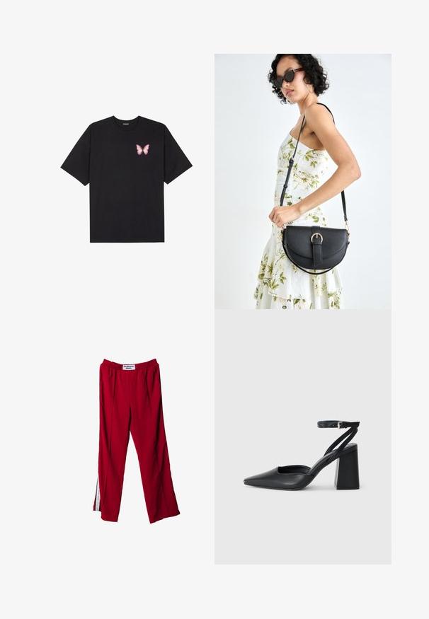 Fekete pamut póló rövid ujjakkal, bal mellkason egy kis rózsaszín pillangó grafikával. Kerek nyakú kialakítás, laza fazonnal.; Piros sportnadrág rugalmas derékkal, oldalsó hasítékokkal és diszkrét pliszírozással. Az anyaga simának tűnik, a derékrészen címke található.; Fekete bőr, hegyes orrú magassarkú cipő boka pánttal és vastag sarokkal. Sima textúra, elegáns dizájn és minimális esztétika.; Fekete bőrtáska ívelt formával, levehető pánttal és arany színű fémrészekkel. A táskán egy csattal díszített fedél található.