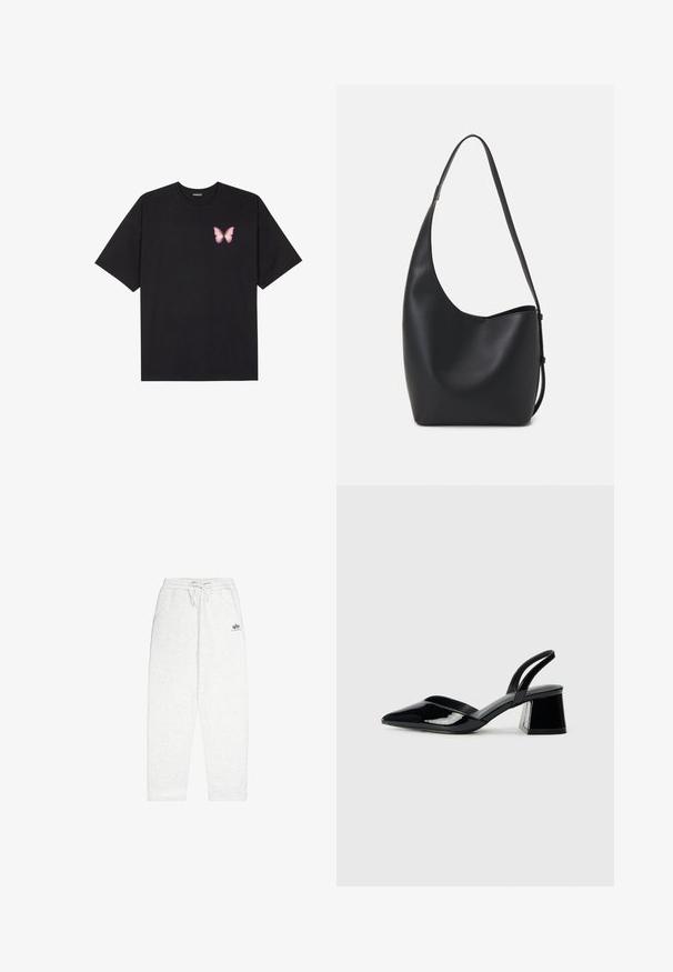Black cotton t-shirt with short sleeves, featuring a small pink butterfly graphic on the left chest. Crew neck design with a relaxed fit.; Light gray sweatpants made of soft fabric, featuring an elastic waistband with drawstring, side pockets, and a small logo on the front.; Black patent leather slingback heels with a pointed toe and a geometric block heel. Features a sleek, minimal design and smooth texture.; Black leather hobo bag with a smooth texture, curved shape, and single adjustable strap; features a wide opening at the top.