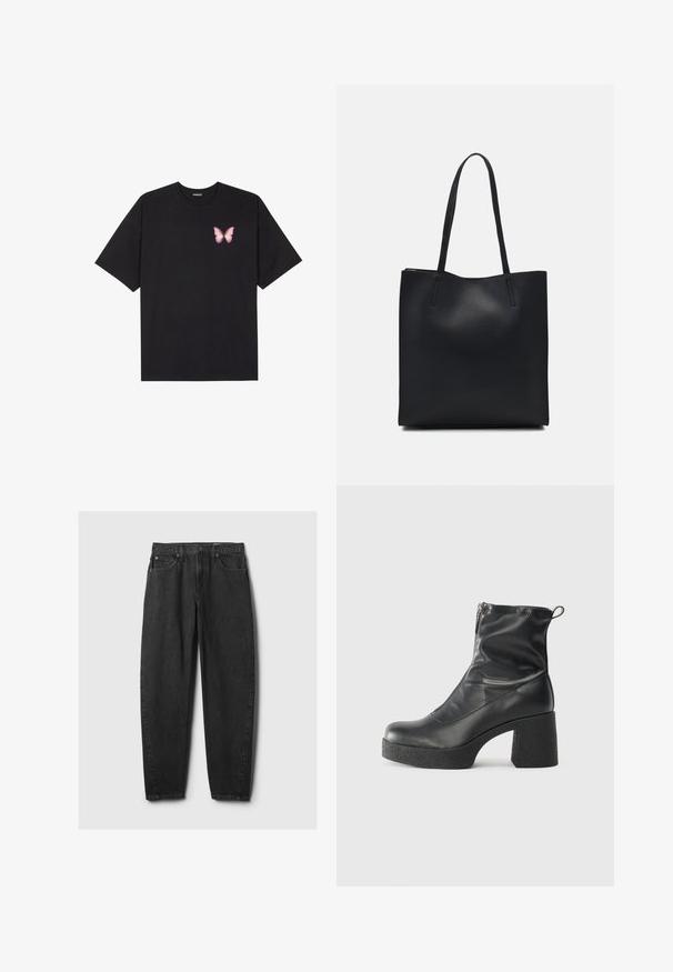 Crna pamučna majica s kratkim rukavima, s malim grafičkim prikazom ružičaste vjetricaste s desne strane na prsima. Dizajn s okruglim izrezom i opuštenim krojem.; Crne traperice od traper tkanine s ravnim krojem, dizajnom od pet džepova, petljama za pojas i zatvaranjem na gumb. Tkanina ima glatku teksturu s blagim izbljeđivanjem.; Crne gležnjače od glatke kože, s bočnim zatvaračem, debelim teksturiranim potplatom i dizajnom s zaobljenim prstima.; Crna kožna torba za nošenje s glatkom teksturom, pravokutnim oblikom i dvije duge ručke. Nema vidljivih metalnih dijelova ili ukrasa.