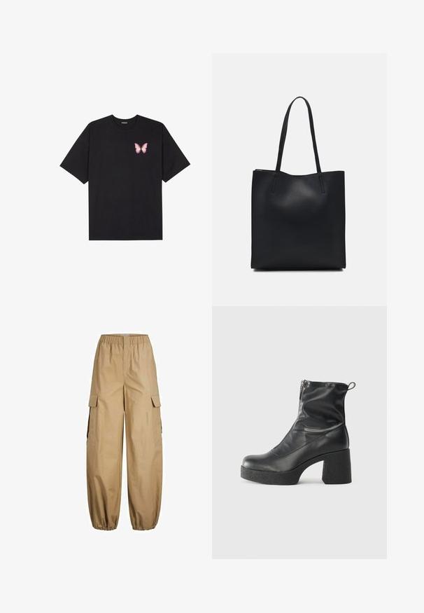 Svart bomullströja med korta ärmar, med en liten rosa fjärilsgrafik på vänster bröst. Rundad halsdesign med en avslappnad passform.; Beige cargobyxor med elastisk midja, avsmalnande muddar och flera sidfickor. Tillverkade av lättviktig tyg med en slät yta.; Svarta ankelstövlar i slitstark läder, med sidodragkedja, kraftig strukturerad klack och rundad tådesign.; Svart lädertoffelväska med slät textur, rektangulär form och två långa handtag. Ingen synlig hårdvara eller dekorationer.