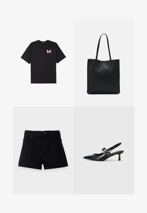 Crna pamučna majica s kratkim rukavima, s malim grafičkim prikazom ružičaste vjetricaste s desne strane na prsima. Dizajn s okruglim izrezom i opuštenim krojem.; Crne traper kratke hlače s visokim strukom, dizajnom od pet džepova, zatvaranjem na dugme i čistim završetkom bez ukrasa.; Crne lakirane slingback potpetice s oštrim prstom i malom blok petom, s naglaskom na srebrnoj kopči na remenu.; Crna kožna torba za nošenje s glatkom teksturom, pravokutnim oblikom i dvije duge ručke. Nema vidljivih metalnih dijelova ili ukrasa.