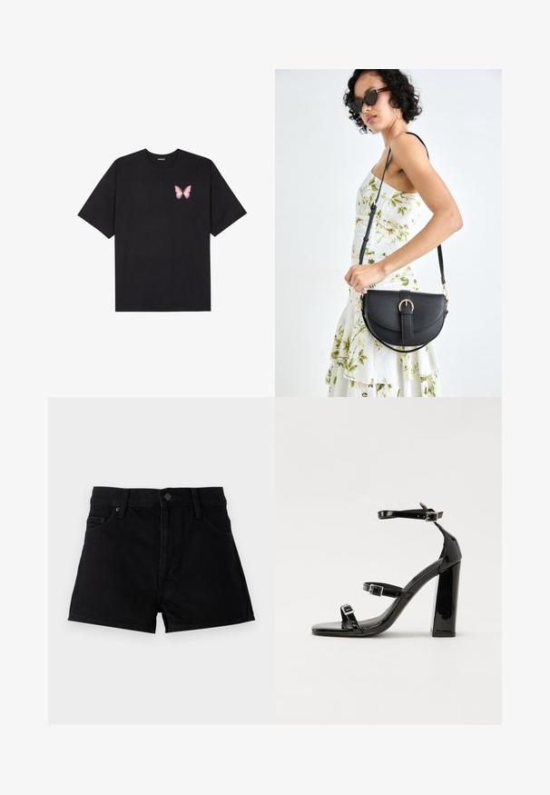 T-shirt en coton noir à manches courtes, avec un petit graphique de papillon rose sur la poitrine gauche. Modèle à col rond avec une coupe décontractée.; Shorts en denim noir avec une taille haute, un design à cinq poches, une fermeture à bouton et une finition épurée sans ornements.; Sandales à talons vernies noires avec un bout carré, des sangles autour de la cheville et des boucles en argent. Dotées d'un talon bloc épais pour plus de stabilité.; Sac à main en cuir noir avec une forme courbée, bandoulière amovible et des accessoires en or. Le sac est doté d'un rabat avec un détail de boucle.