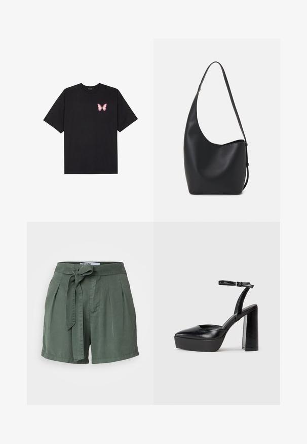 Fekete pamut póló rövid ujjakkal, bal mellkason egy kis rózsaszín pillangó grafikával. Kerek nyakú kialakítás, laza fazonnal.; Zöld, magas derekú rövidnadrág puha anyagból, megkötős övvel, pliszírozott elejével és oldalsó zsebeivel. Testre szabott kialakítás, laza illeszkedéssel.; Fekete platform magassarkú cipők hegyes orral és állítható bokapánttal. Sima bőrből készült, vastag talppal.; Fekete bőr hobo táska sima textúrával, ívelt formával és egyetlen állítható pánttal; széles nyílás található a tetején.