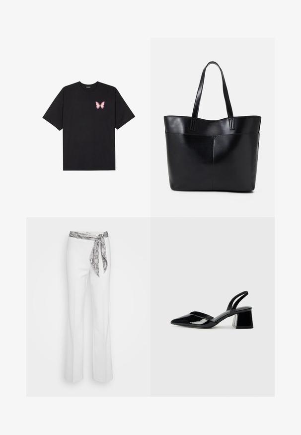Black cotton t-shirt with short sleeves, featuring a small pink butterfly graphic on the left chest. Crew neck design with a relaxed fit.; White trousers with a fitted waist and a patterned grey snake-print sash tied at the front. Flared leg design with smooth fabric texture.; Black patent leather slingback heels with a pointed toe and a geometric block heel. Features a sleek, minimal design and smooth texture.; Black leather tote bag with two long handles, a smooth texture, and a structured shape. Features a front pocket for additional storage.
