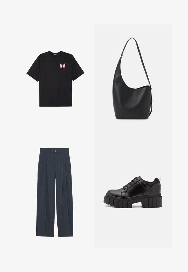 Melna kokvilnas T-krekls ar īsām piedurknēm, kuram priekšā kreisajā pusē ir neliels rozā tauriņa grafiskais attēls. Ar apaļu kaklu un brīvā stila piegriezumu.; Plati bikses, izgatavotas no tekstitētas tumši pelēkas auduma, ar priekšējiem krokām, pogu aizdari un sānu kabatām papildu funkcionalitātei.; Melnas ādas platformas kurpes ar masīvu bloku papēdi, apaļu purngalu un tradicionālu saistīšanas dizainu. Izceļas ar gludu tekstūru un minimālu apdari.; Melnas ādas hobo soma ar gludu tekstūru, izliekta forma un vienu regulējamu jostu; augšā ir plaša atvere.