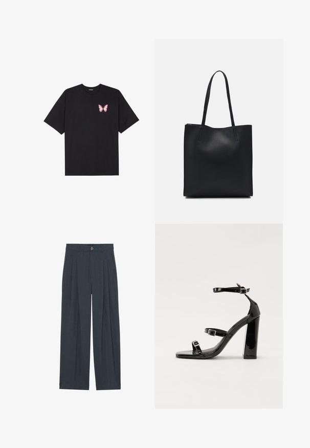Μαύρο βαμβακερό μπλουζάκι με κοντά μανίκια, διαθέτοντας ένα μικρό ροζ γραφικό πεταλούδας στο αριστερό στήθος. Σχέδιο με στρογγυλή λαιμόκοψη και άνετη εφαρμογή.; Πλατιά παντελόνια από υφασμένο σκούρο γκρι ύφασμα, με πιέτες στο μπροστινό μέρος, κλείσιμο με κουμπί και πλαινές τσέπες για πρόσθετη λειτουργικότητα.; Μαύρες πατέντες σανδάλια με τακούνι, τετράγωνη μύτη, ιμάντες αστραγάλου και ασημένιες πόρπες. Διαθέτουν χοντρό μπλοκ τακούνι για σταθερότητα.; Μαύρη δερμάτινη τσάντα tote με λείο υφή, ορθογώνιο σχήμα και δύο μακριές λαβές. Χωρίς ορατό υλικό ή διακοσμητικά στοιχεία.