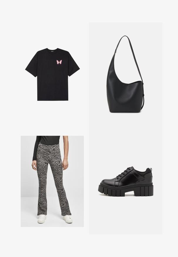 Juodas medvilnės marškinėliai trumpomis rankovėmis, su maža rožine drugelio grafika kairėje krūtinės pusėje. Apvalus kaklo iškirpimas, laisvas kirpimas.; Šviesiai pilkos spalvos išplatėjančios kelnės su juodu zebra raštu. Sukurtos aukštu liemeniu ir derinamos su baltomis sportbačiais.; Juodi odiniai platformos batai su masyviu blokuota kulniuku, apvalia nosimi ir tradiciniu šnypštimo dizainu. Turintys glotnų paviršių ir minimalų dekoravimą.; Juodas odinis hobo maišas su lygiu paviršiumi, kreipta forma ir viena reguliuojama rankena; turi platų atidarymą viršuje.