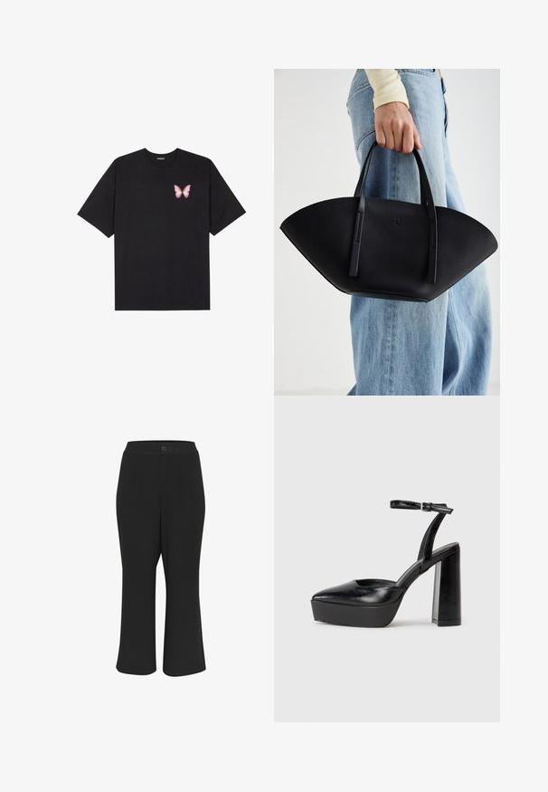 Črna bombažna majica s kratkimi rokavi, ki ima majhen roza metuljček na levi strani prsnega dela. Majica s krožnim ovratnikom in sproščenim krojem.; Črne kratke hlače z gladko teksturo, z gumbom za zapiranje in dvema sprednjima žepoma. Oblikovanje ima raven kroj in minimalne detajle.; Črne platforme z visokimi petami in koničastim nosom ter nastavljivim gležnjenjskim trakom. Narejene iz gladke usnje, s kockasto peto.; Črna usnjena torbica z edinstveno obliko ventilatorja, z ravnimi ročaji. Površina ima teksturo z drobnimi kamni in minimalističen dizajn.