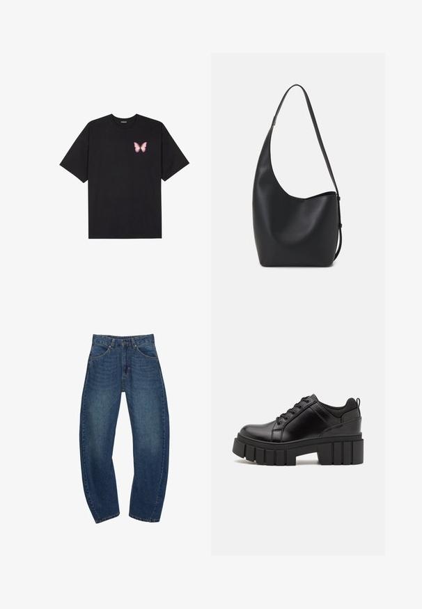Čierne bavlnené tričko s krátkymi rukávmi, s malým ružovým motýlikom na ľavej hrudi. Design s okrúhlym výstrihom a uvoľneným strihom.; Modré denimové džínsy s voľným strihom, dizajnom s piatimi vreckami, zapínaním na gombík a hnedými stehovými detailmi. Tkanina má vyblednutý vzhľad.; Čierne kožené platformy s masívnym blokovým podpätkom, okrúhlou špičkou a tradičným šnurovaním. Má hladký povrch a minimálne detaily.; Čierna kožená hobo taška so hladkou textúrou, zakriveným tvarom a jedným nastaviteľným popruhom; má široké otvorenie na vrchu.