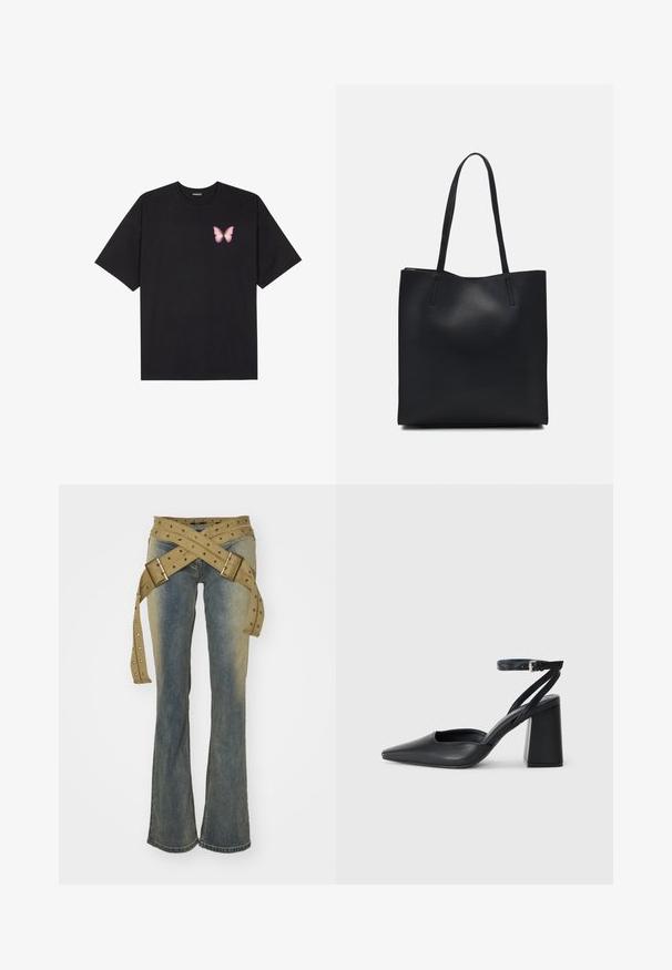 T-shirt nera in cotone con maniche corte, caratterizzata da una piccola grafica di una farfalla rosa sul lato sinistro del petto. Design a girocollo con una vestibilità rilassata.; Jaded London STRAP UP STONEWASH - Jeans bootcut - hellblau; Pump in pelle nera con punta affusolata, cinturino alla caviglia e tacco spesso. Texture piatta, design elegante ed estetica minimalista.; Borsa tote in pelle nera con texture liscia, forma rettangolare e due manici lunghi. Nessun hardware o decorazione visibile.