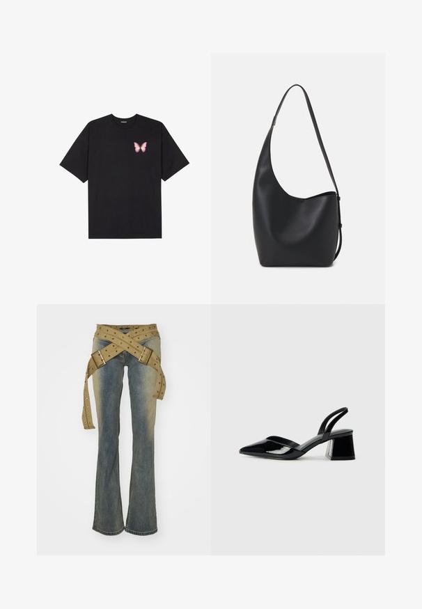Black cotton t-shirt with short sleeves, featuring a small pink butterfly graphic on the left chest. Crew neck design with a relaxed fit.; Jaded London STRAP UP STONEWASH - Bootcut jeans - hellblau; Black patent leather slingback heels with a pointed toe and a geometric block heel. Features a sleek, minimal design and smooth texture.; Black leather hobo bag with a smooth texture, curved shape, and single adjustable strap; features a wide opening at the top.