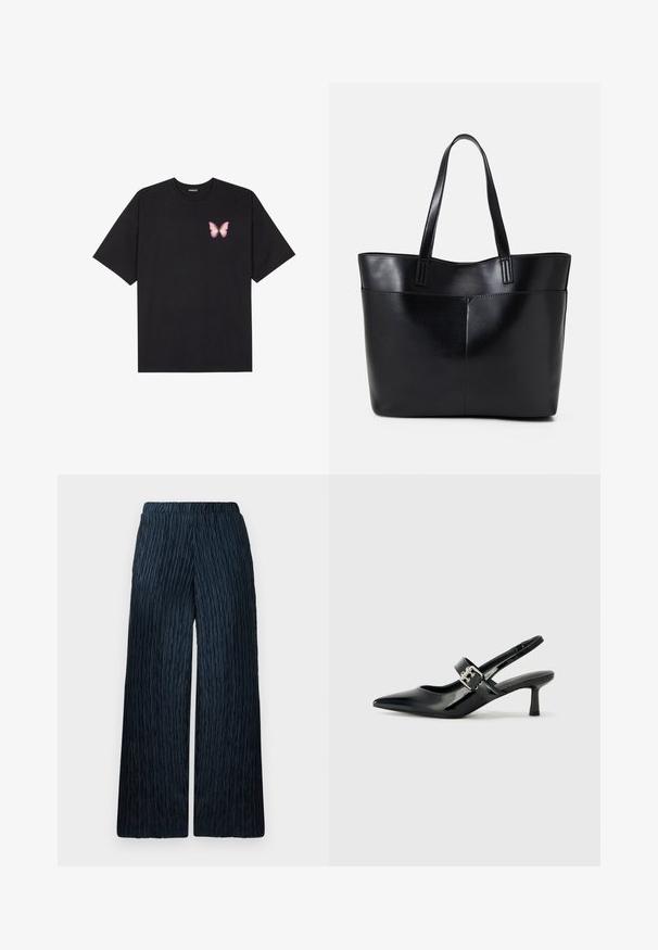 Schwarzes Baumwoll-T-Shirt mit kurzen Ärmeln, das ein kleines pinkes Schmetterlingsmotiv auf der linken Brust zeigt. Crewneck-Design mit einem entspannten Schnitt.; Weite Beinform in dunkelblau mit strukturiertem, zerknittertem Stoff. Verfügt über einen elastischen Bund für Komfort und eine glatte Oberfläche.; Schwarze Lackleder Slingback-Absätze mit spitzem Zeh und kleinem Blockabsatz, ausgestattet mit einem silbernen Schnallenakzent am Riemen.; Schwarze Leder-Shopper-Tasche mit zwei langen Griffen, einer glatten Textur und einer strukturierten Form. Verfügt über eine Vordertasche für zusätzlichen Stauraum.
