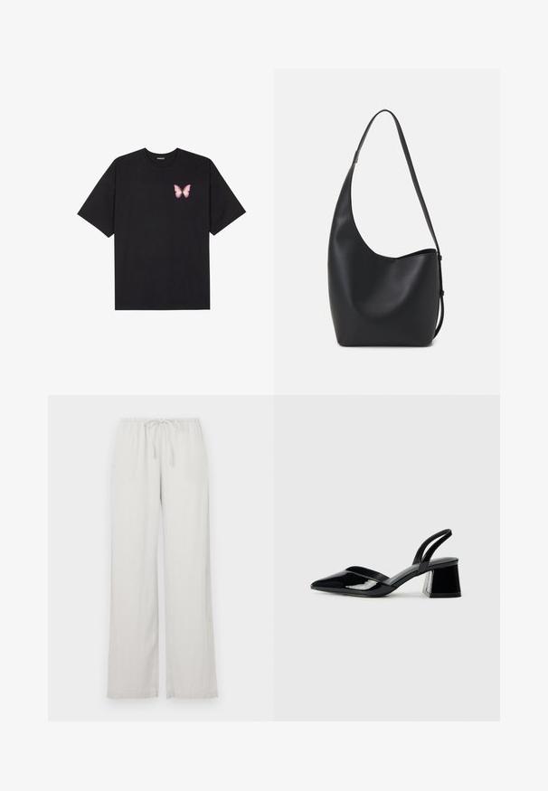 Black cotton t-shirt with short sleeves, featuring a small pink butterfly graphic on the left chest. Crew neck design with a relaxed fit.; Light grey wide-leg pants made of soft fabric, featuring an elastic waistband with a drawstring, and two side pockets.; Black patent leather slingback heels with a pointed toe and a geometric block heel. Features a sleek, minimal design and smooth texture.; Black leather hobo bag with a smooth texture, curved shape, and single adjustable strap; features a wide opening at the top.