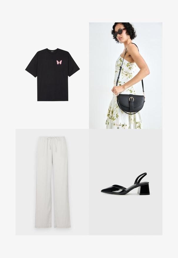 Black cotton t-shirt with short sleeves, featuring a small pink butterfly graphic on the left chest. Crew neck design with a relaxed fit.; Light grey wide-leg pants made of soft fabric, featuring an elastic waistband with a drawstring, and two side pockets.; Black patent leather slingback heels with a pointed toe and a geometric block heel. Features a sleek, minimal design and smooth texture.; Black leather handbag with a curved shape, detachable strap, and gold hardware. The bag features a flap with a buckle detail.