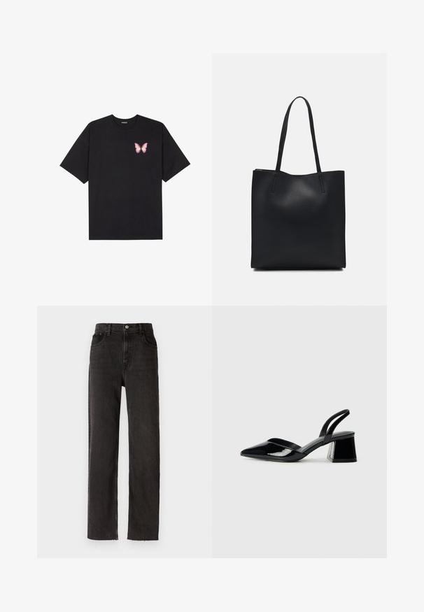 Black cotton t-shirt with short sleeves, featuring a small pink butterfly graphic on the left chest. Crew neck design with a relaxed fit.; Black denim pants with a straight-leg design, featuring a high waist, five-pocket styling, and raw hem details.; Black patent leather slingback heels with a pointed toe and a geometric block heel. Features a sleek, minimal design and smooth texture.; Black leather tote bag with smooth texture, rectangular shape, and two long handles. No visible hardware or embellishments.
