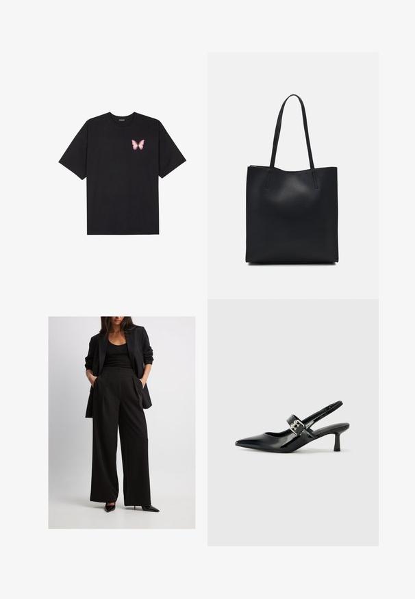 Juodas medvilnės marškinėliai trumpomis rankovėmis, su maža rožine drugelio grafika kairėje krūtinės pusėje. Apvalus kaklo iškirpimas, laisvas kirpimas.; Juodas pritaikytas švarkas derinamas su plačiomis juodomis kelnėmis, turinčiomis raukšles ir šonines kišenes. Modelis dėvi juodus smailėjančius aukštakulnius.; Juodai lakuoti slingback aukštakulniai su smailiu kojų pirštu ir mažais blokiniais kulniukais, su sidabro sagtimi ant dirželio.; Juodas odinis tote krepšys su lygia tekstūra, stačiakampio formos ir dviem ilgais rankenomis. Matomų metalinių detalių ar puošybos nėra.