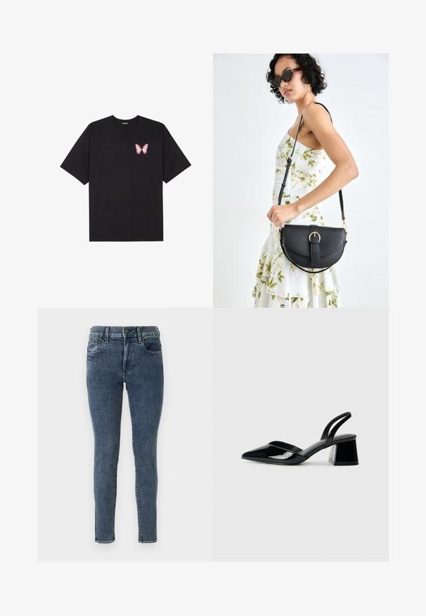 Juodas medvilnės marškinėliai trumpomis rankovėmis, su maža rožine drugelio grafika kairėje krūtinės pusėje. Apvalus kaklo iškirpimas, laisvas kirpimas.; Lieknos džinsai tamsiai mėlynos spalvos su švelniu nudėvėjimu. Turintys vidutinio aukščio liemenį, penkių kišenių dizainą ir kontrastingą siuvinėjimą siūlėse.; Juodos lakuotos odinės šlepetės su smailiu pirštu ir geometriniu bloko kulnu. Turi elegantišką, minimalistinį dizainą ir lygų paviršių.; Juodas odinis krepšys su išlenkta forma, nuimamu dirželiu ir auksiniais detalėmis. Krepšys turi kilpą su sagtimi.; Sidabrinės auskarai žiedai su sėslia, apvalia forma, pasižymintys lygia paviršiumi ir be matomų puošmenų. Svoris nenurodytas.