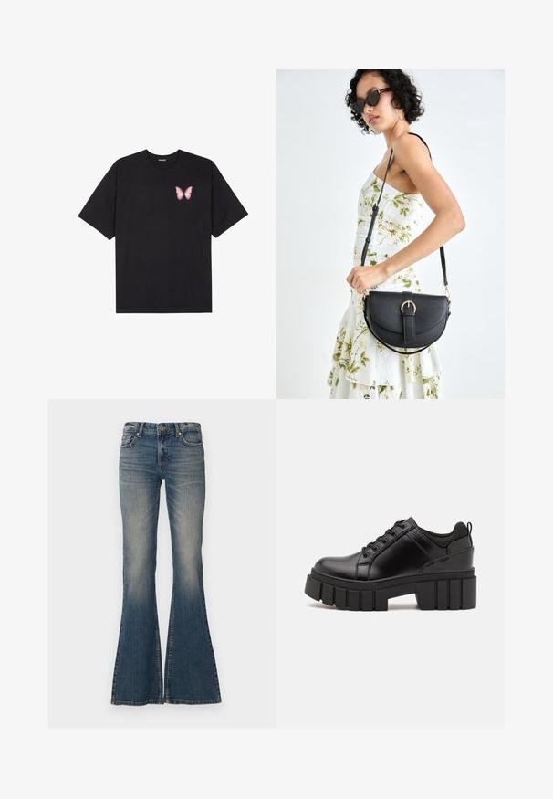 T-shirt de algodão preto com mangas curtas, apresentando um pequeno gráfico de borboleta rosa no lado esquerdo do peito. Design de gola redonda com um corte solto.; Calças de ganga flare azuis, com fecho de botão, design de cinco bolsos e um acabamento desbotado, com uma abertura de perna larga.; Sapatos de plataforma em couro preto com um salto bloco robusto, bico redondo e design clássico de atacadores. Apresentam uma textura suave e detalhes mínimos.; Bolsa de couro preta com forma curva, alça destacável e detalhes em dourado. A bolsa possui uma aba com detalhe de fivela.