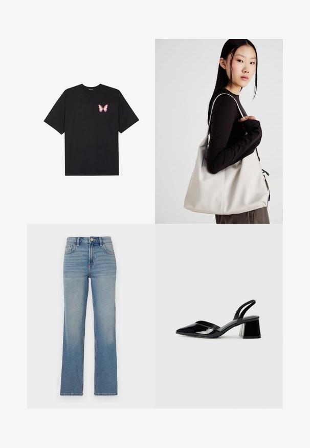 T-shirt de algodão preto com mangas curtas, apresentando um pequeno gráfico de borboleta rosa no lado esquerdo do peito. Design de gola redonda com um corte solto.; Jeans de ganga azul claro com cintura alta, corte largo, cinco bolsos e desbotamento subtil. Costura em laranja contrastante.; Sandy em verniz preto com salto slingback, ponta afilada e salto geométrico. Apresenta um design elegante e minimalista com textura suave.; Uma bolsa bege feita de material macio, com um design descontraído, detalhes de costura e duas alças para o ombro. Adequada para uso diário.