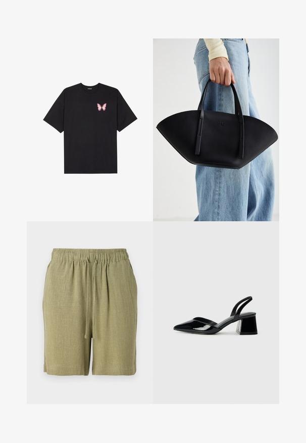 Black cotton t-shirt with short sleeves, featuring a small pink butterfly graphic on the left chest. Crew neck design with a relaxed fit.; Olive green shorts made from a textured, breathable fabric. Features an elastic waistband and drawstring for adjustable fit.; Black patent leather slingback heels with a pointed toe and a geometric block heel. Features a sleek, minimal design and smooth texture.; Black leather handbag with a unique fan shape, featuring flat handles. The surface has a pebbled texture and a minimalistic design.