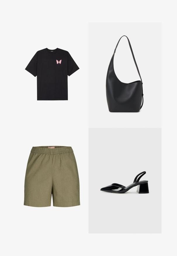 Melna kokvilnas T-krekls ar īsām piedurknēm, kuram priekšā kreisajā pusē ir neliels rozā tauriņa grafiskais attēls. Ar apaļu kaklu un brīvā stila piegriezumu.; Kaki šorti ar elastīgu jostasvietu, gludu tekstūru, pielāgotu piegriezumu un sānu kabatām. Materiāls šķiet izturīgs ar smalku heather rakstu.; Melna lakota āda ar atvērto papēdi, ar smailu purngalu un ģeometrisku blokpapēdi. Iezīmējas elegants, minimāls dizains un gluda tekstūra.; Melnas ādas hobo soma ar gludu tekstūru, izliekta forma un vienu regulējamu jostu; augšā ir plaša atvere.