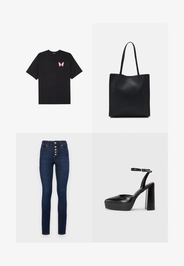 Fekete pamut póló rövid ujjakkal, bal mellkason egy kis rózsaszín pillangó grafikával. Kerek nyakú kialakítás, laza fazonnal.; Sötétkék, skinny fazonú farmernadrág magas derékkal, öt gombos zárással és kontrasztos narancssárga varrással.; Fekete platform magassarkú cipők hegyes orral és állítható bokapánttal. Sima bőrből készült, vastag talppal.; Fekete bőrtáska sima felszínnel, téglalap alakú, két hosszú füllel. Nincs látható fémkiegészítő vagy díszítés.