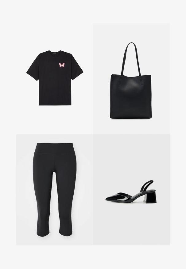 Fekete pamut póló rövid ujjakkal, bal mellkason egy kis rózsaszín pillangó grafikával. Kerek nyakú kialakítás, laza fazonnal.; Fekete, térd alatt végződő leggings rugalmas anyagból. Széles derékrésszel és sima textúrával rendelkezik, minimális varrási részletekkel.; Fekete lakk bőr szandálkés magas sarkú cipő, hegyes orral és geometrikus tömbsarkakkal. Karcsú, minimalista dizájn és sima textúra jellemzi.; Fekete bőrtáska sima felszínnel, téglalap alakú, két hosszú füllel. Nincs látható fémkiegészítő vagy díszítés.