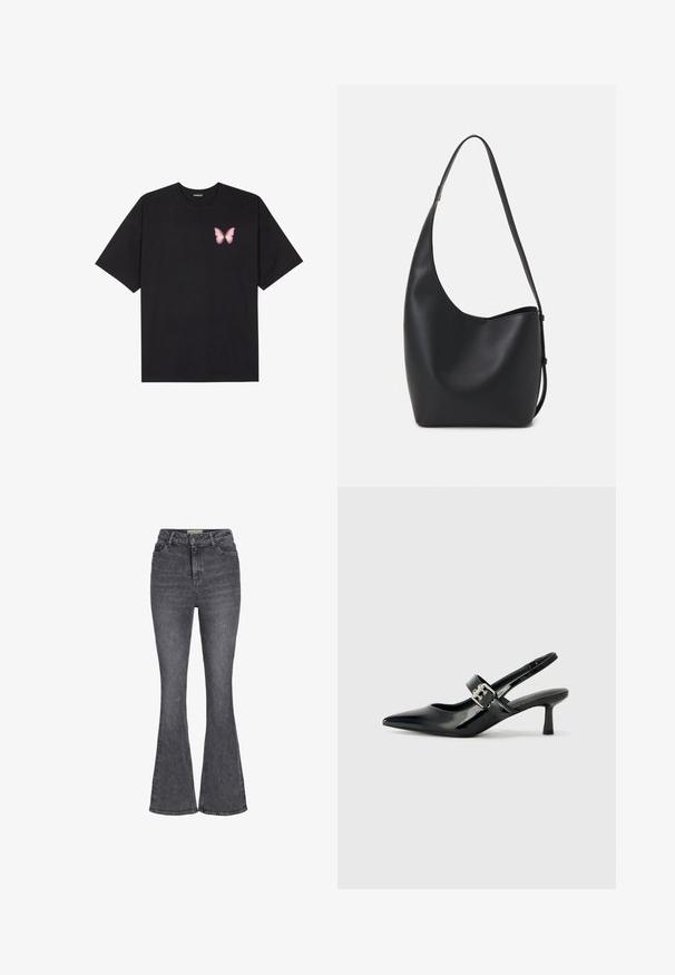 Camiseta de algodón negra de manga corta, con un pequeño gráfico de mariposa rosa en el lado izquierdo del pecho. Diseño de cuello redondo con un corte relajado.; Jeans de tiro alto y pernera acampanada en denim gris oscuro, con un diseño clásico de cinco bolsillos, cierre de botón y un ligero desgaste.; Zapatos de tacón en charol negro con tira al tobillo, punta afilada y un pequeño tacón bloque, que cuentan con un acento de hebilla plateada en la correa.; Bolso tipo hobo de cuero negro con una textura suave, forma curvada y una sola correa ajustable; presenta una amplia apertura en la parte superior.