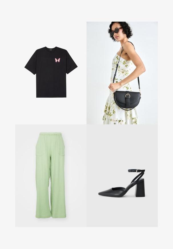 Fekete pamut póló rövid ujjakkal, bal mellkason egy kis rózsaszín pillangó grafikával. Kerek nyakú kialakítás, laza fazonnal.; Világoszöld, bő szárú nadrág, rugalmas derékkal, textúrált anyagból, két elülső zsebbel. A kialakítás lazább illeszkedésű.; Fekete bőr, hegyes orrú magassarkú cipő boka pánttal és vastag sarokkal. Sima textúra, elegáns dizájn és minimális esztétika.; Fekete bőrtáska ívelt formával, levehető pánttal és arany színű fémrészekkel. A táskán egy csattal díszített fedél található.