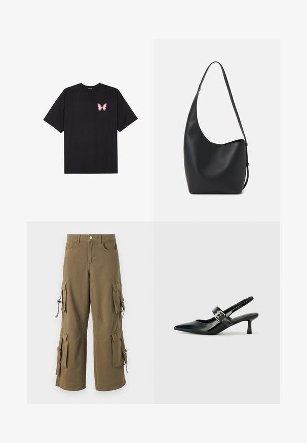 T-shirt de algodão preto com mangas curtas, apresentando um pequeno gráfico de borboleta rosa no lado esquerdo do peito. Design de gola redonda com um corte solto.; Calças de carga em algodão verde-oliva. Apresentam múltiplos bolsos laterais, cordões ajustáveis e um corte largo. Textura suave com detalhes cosidos.; Saltos slingback em verniz preto com bico pontiagudo e um pequeno salto bloco, apresentando um detalhe de fivela prateada na tira.; Saco hobo preto em pele com uma textura lisa, forma curva e uma única alça ajustável; apresenta uma abertura larga na parte de cima.