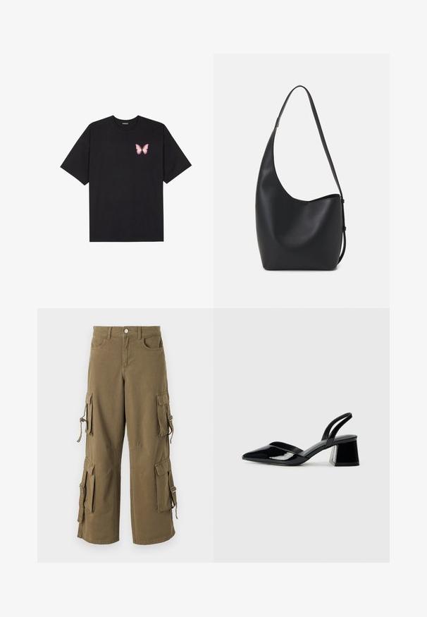 Schwarzes Baumwoll-T-Shirt mit kurzen Ärmeln, das ein kleines pinkes Schmetterlingsmotiv auf der linken Brust zeigt. Crewneck-Design mit einem entspannten Schnitt.; Cargo-Hosen aus olivgrünem Baumwollstoff. Verfügt über mehrere Seitentaschen, verstellbare Bänder und eine lockere Passform. Angenehme Textur mit genähten Details.; Schwarze Lackleder-Slingback-High Heels mit spitzem Schuh und einem geometrischen Blockabsatz. Verfügt über ein schlankes, minimalistisches Design und eine glatte Textur.; Schwarze Leder-Hobo-Tasche mit einer glatten Textur, geschwungener Form und einem einzelnen verstellbaren Tragegurt; verfügt über eine weite Öffnung am oberen Ende.