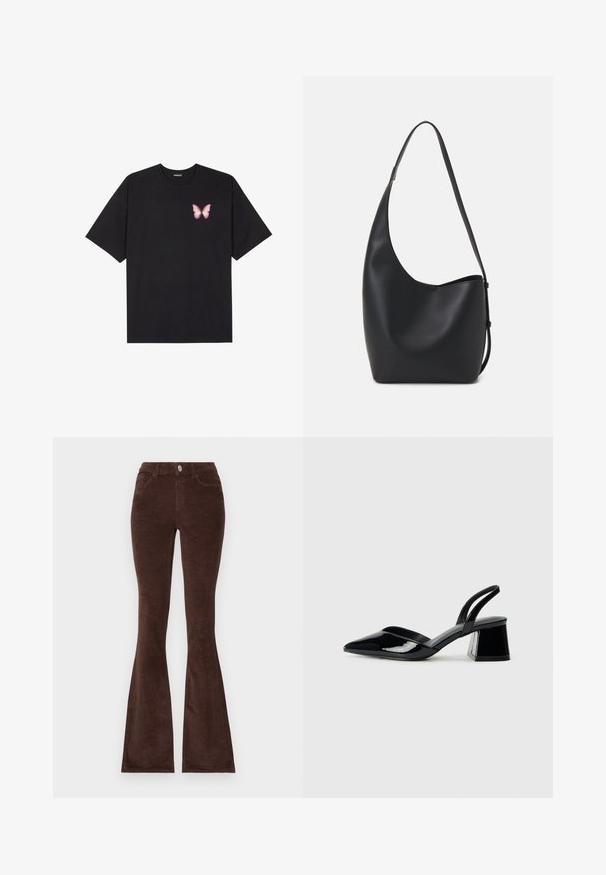 Black cotton t-shirt with short sleeves, featuring a small pink butterfly graphic on the left chest. Crew neck design with a relaxed fit.; Brown corduroy flared pants with a button closure, two front pockets, and a textured fabric. Features a fitted waist and wide hem.; Black patent leather slingback heels with a pointed toe and a geometric block heel. Features a sleek, minimal design and smooth texture.; Black leather hobo bag with a smooth texture, curved shape, and single adjustable strap; features a wide opening at the top.