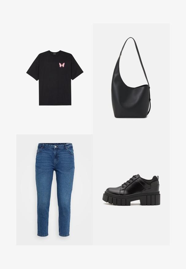 Black cotton t-shirt with short sleeves, featuring a small pink butterfly graphic on the left chest. Crew neck design with a relaxed fit.; Blue denim jeans with a mid-rise waist, five-pocket design, and straight-leg cut. Features stitching and metal hardware accents.; Black leather platform shoes with a chunky block heel, round toe, and traditional lace-up design. Features smooth texture and minimal detailing.; Black leather hobo bag with a smooth texture, curved shape, and single adjustable strap; features a wide opening at the top.