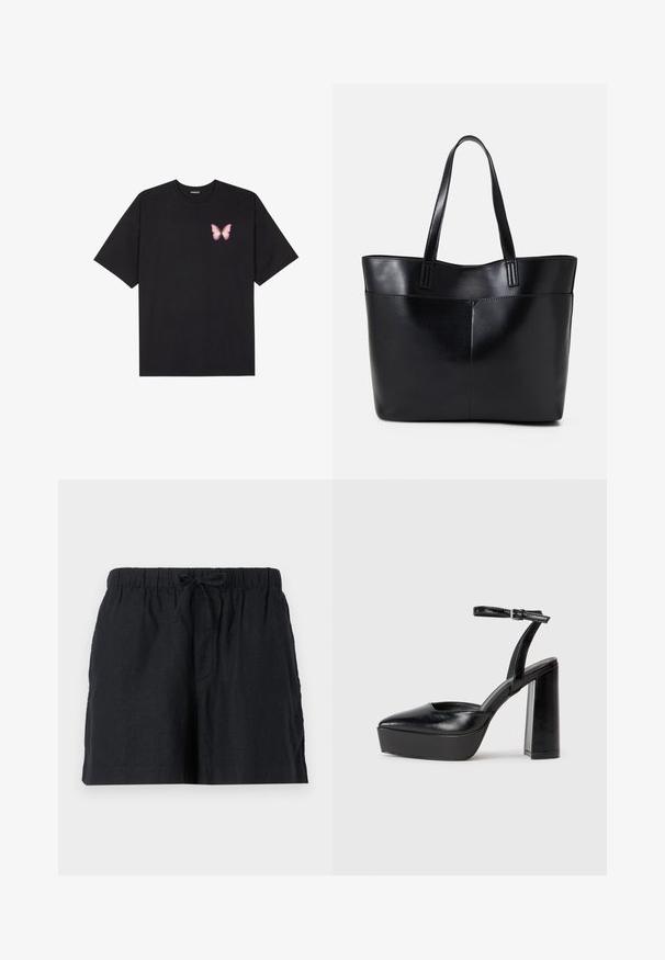 Sort bomulds T-shirt med korte ærmer, prydet med en lille pink sommerfugl grafik på venstre bryst. Rund hals design med en afslappet pasform.; Sorte linnedesign shorts med elastisk talje og snor. Har sidelommer og et afslappet fit.; Sorte platformhæle med spidse tæer og justerbar ankelrem. Construeret i glat læder, med en kraftig blokhæl.; Sort læder tote taske med to lange håndtag, en glat tekstur og en struktureret form. Har en forlommem for ekstra opbevaring.