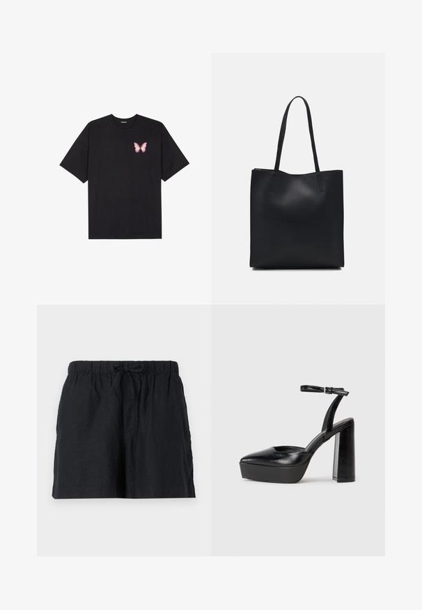 Tricou negru din bumbac cu mâneci scurte, având pe partea stângă a pieptului un mic grafic cu un fluture roz. Design cu guler rotund și croială lejeră.; Shorts negri din in, cu talie elastică și șnur de ajustare. Au buzunare laterale și un design relaxat.; Pantofi cu toc platformă negri, cu vârful ascuțit și curea reglabilă la gleznă. Confecționați din piele netedă, având un toc gros.; Geantă tote neagră din piele, cu textură netedă, formă rectangulară și două mânere lungi. Fără hardware vizibil sau ornamente.