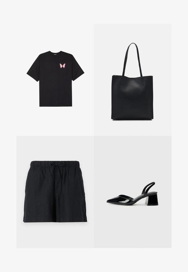 Must muströöpidega must puuvillane T-särk, vasakul rinnal on väike roosa liblikas. Ümar kaelus ja vabalt istuv lõige.; Mustast linast valmistatud lühikesed püksid, millel on elastne vöökoht ja nöör. Omab küljetaskuid ning lõdva istuvusega disaini.; Mustad musta lakknahk kingad, millel on terav varvas ja geomeetriline plokkkonts. Omab elegantselt minimalistlikku disaini ja sujuvat tekstuuri.; Mustast nahast kott sujuva tekstuuriga, ristkülikukujuline ja kahe pika sangaga. Pole nähtavat riistvara ega kaunistusi.